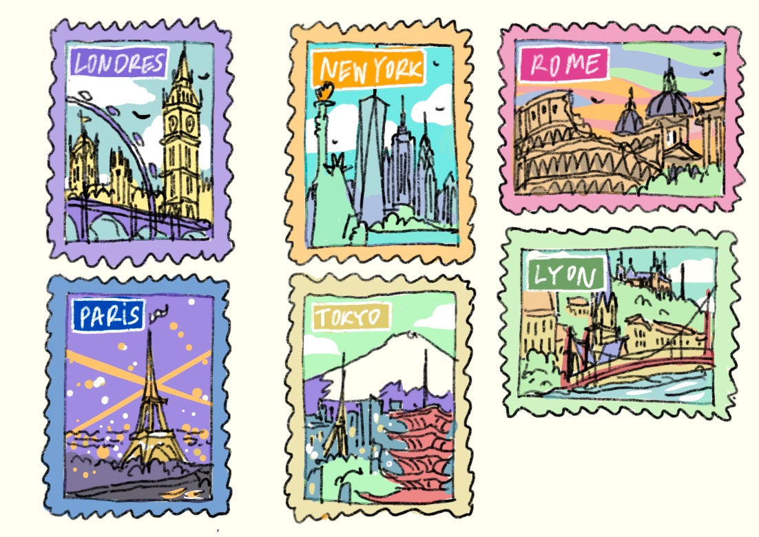 Planche de 6 timbres Villes du Monde