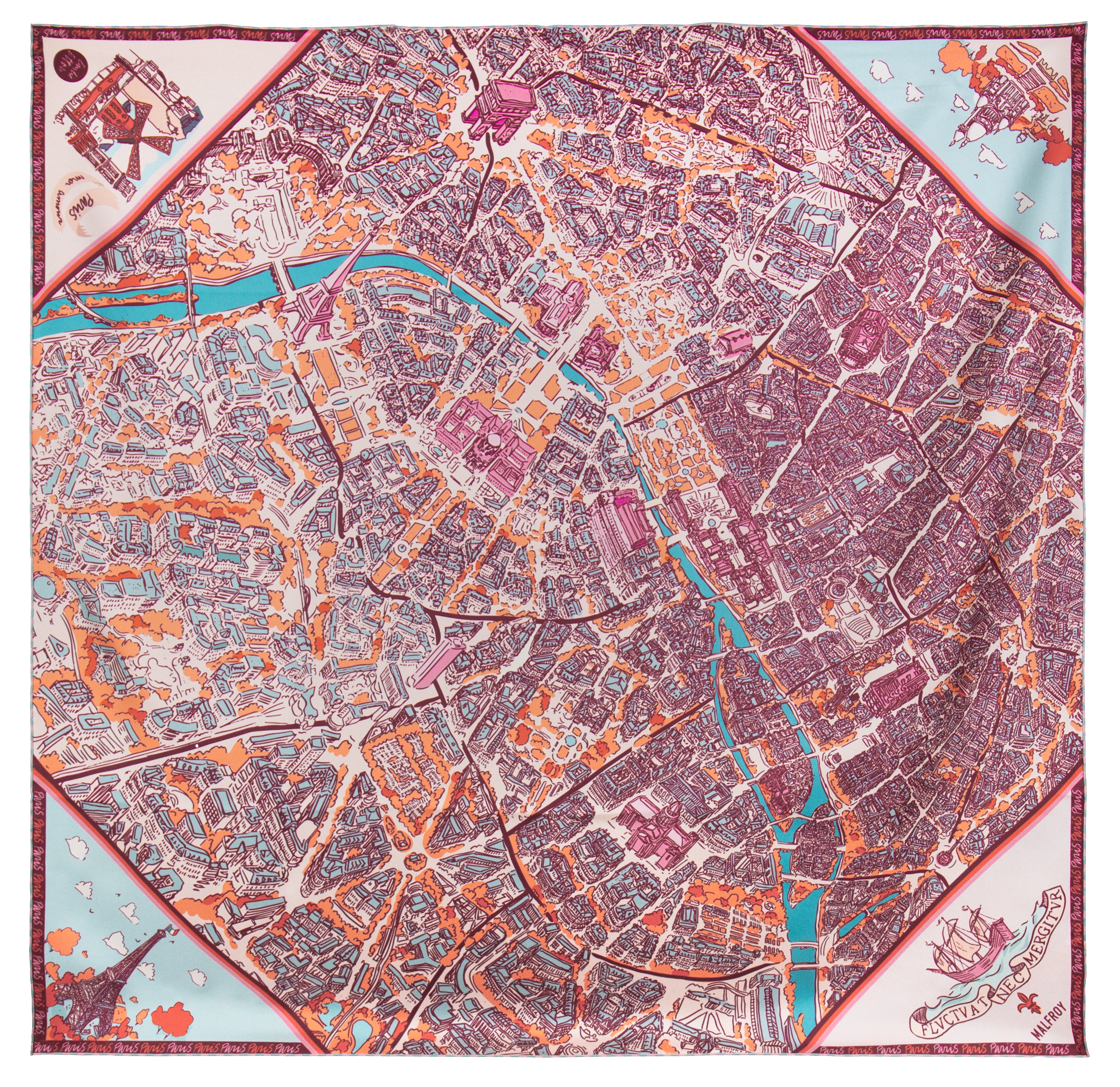 Grand carré de soie Plan de Paris rose