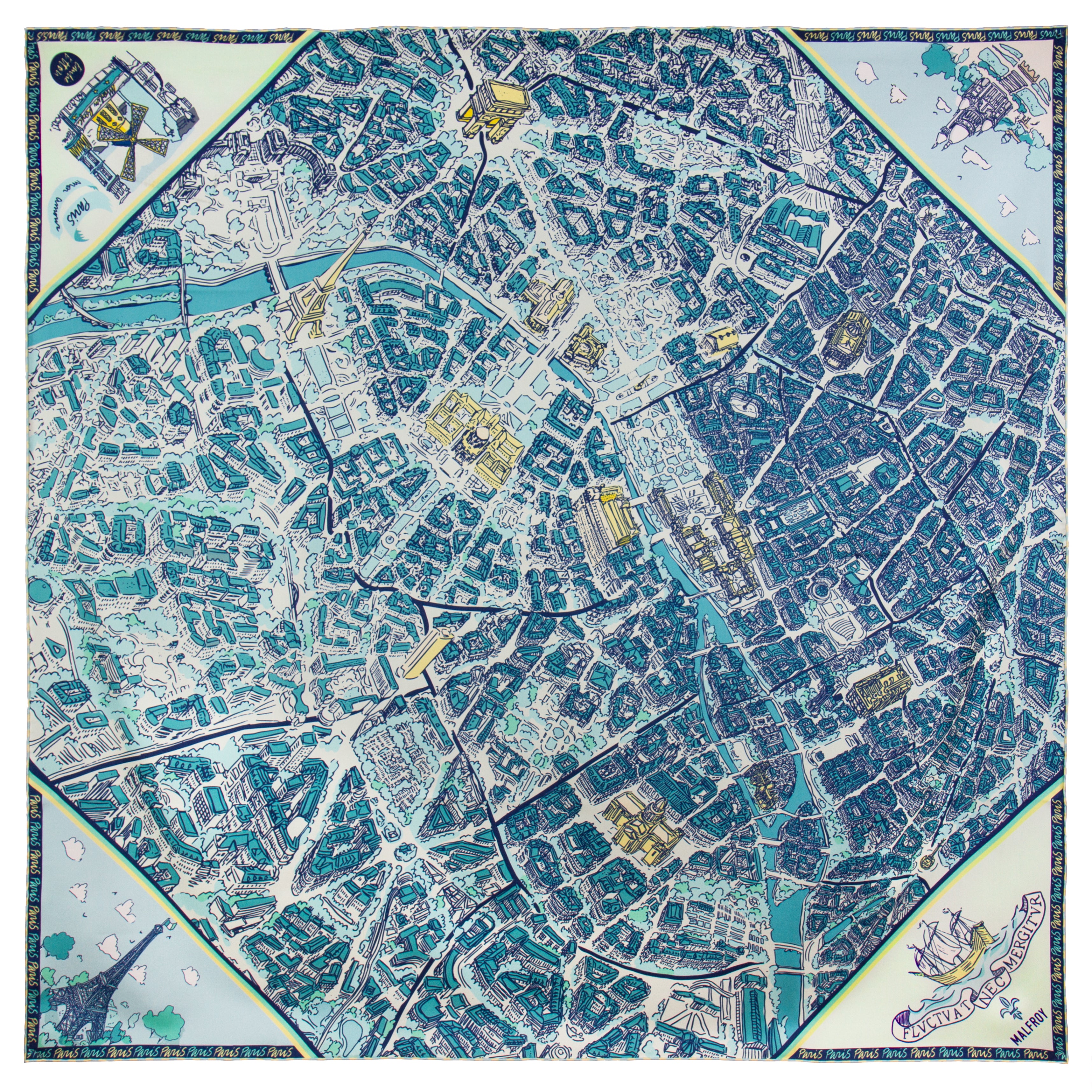 Grand carré de soie Plan de Paris bleu