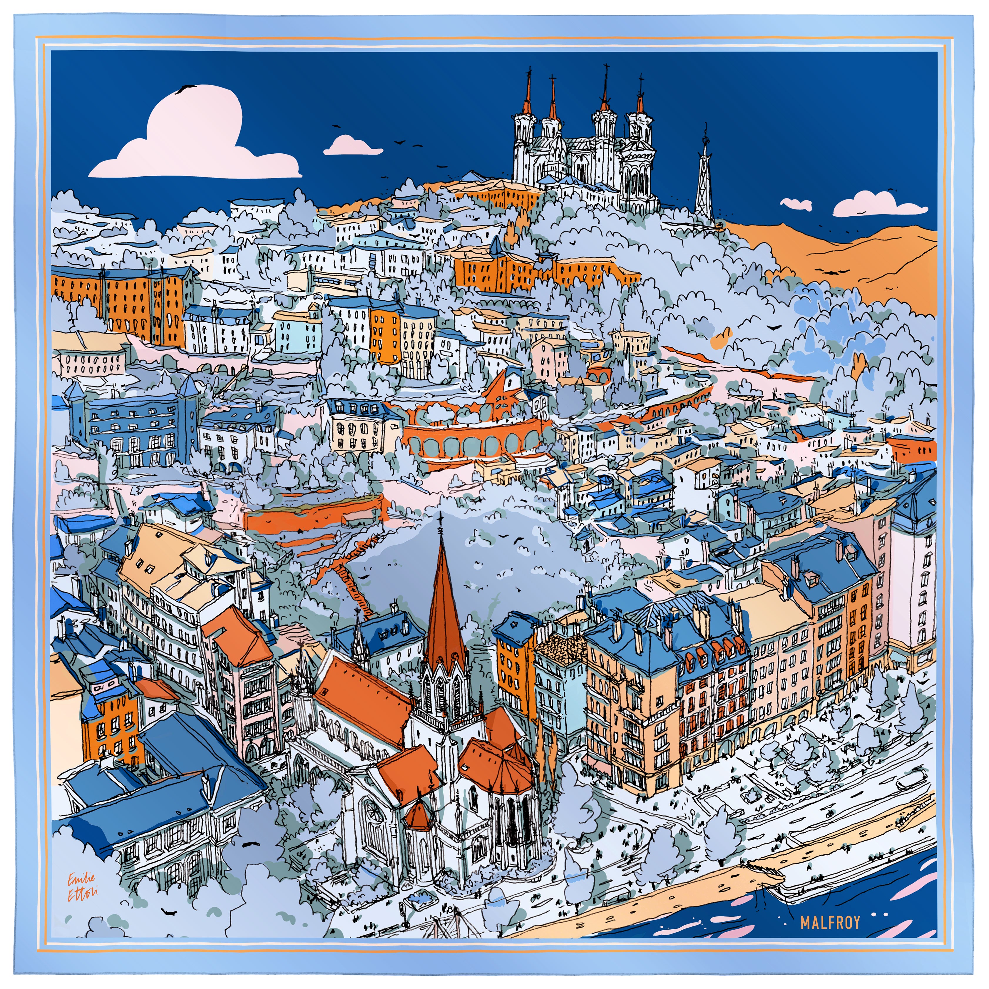 Précommande Carré de soie Saint Georges bleu et orange