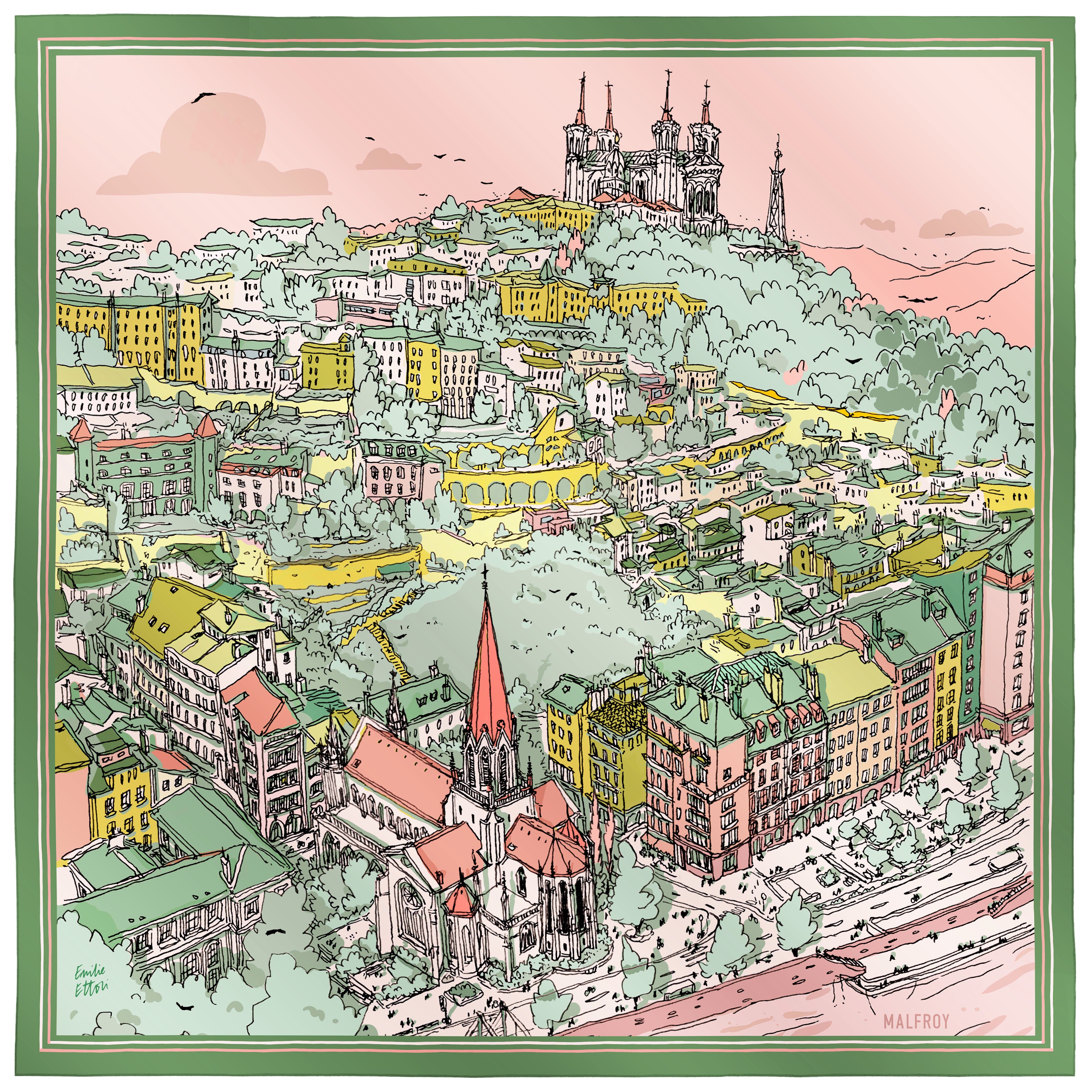 Précommande Carré de soie Saint Georges rose et vert