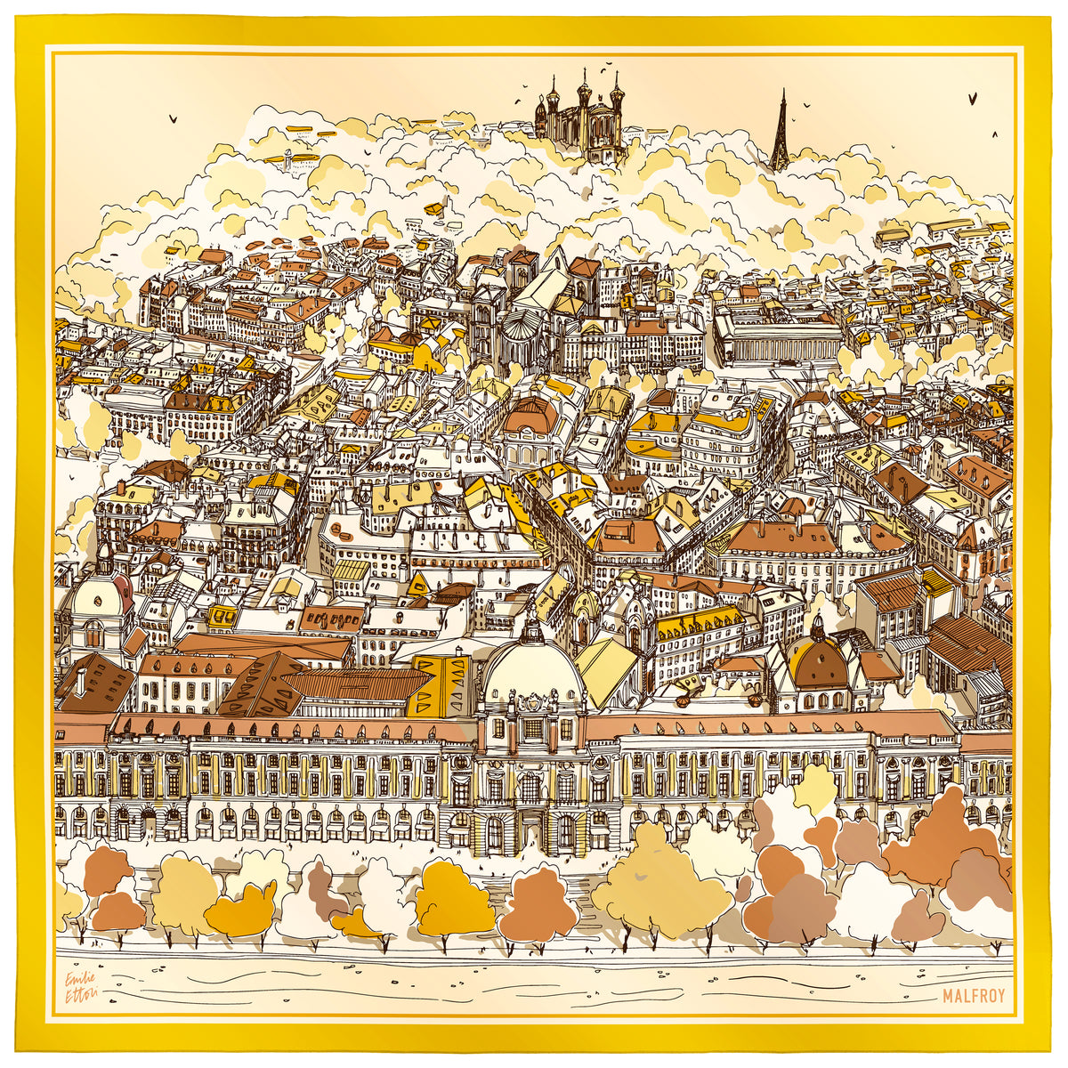 Carré de soie Grand Hotel Dieu Panoramique jaune