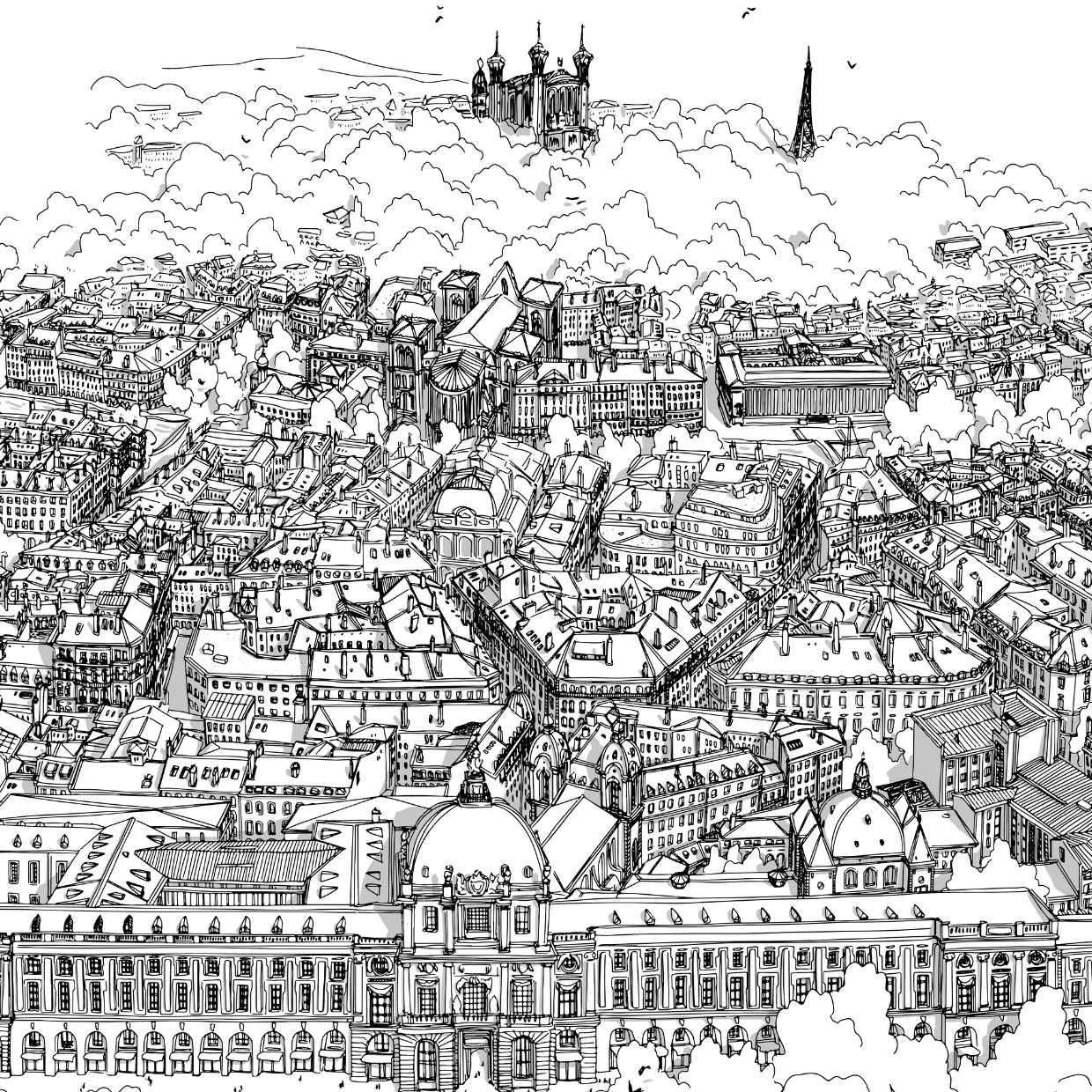 Papier peint trait noir Grand Hôtel-Dieu de Lyon